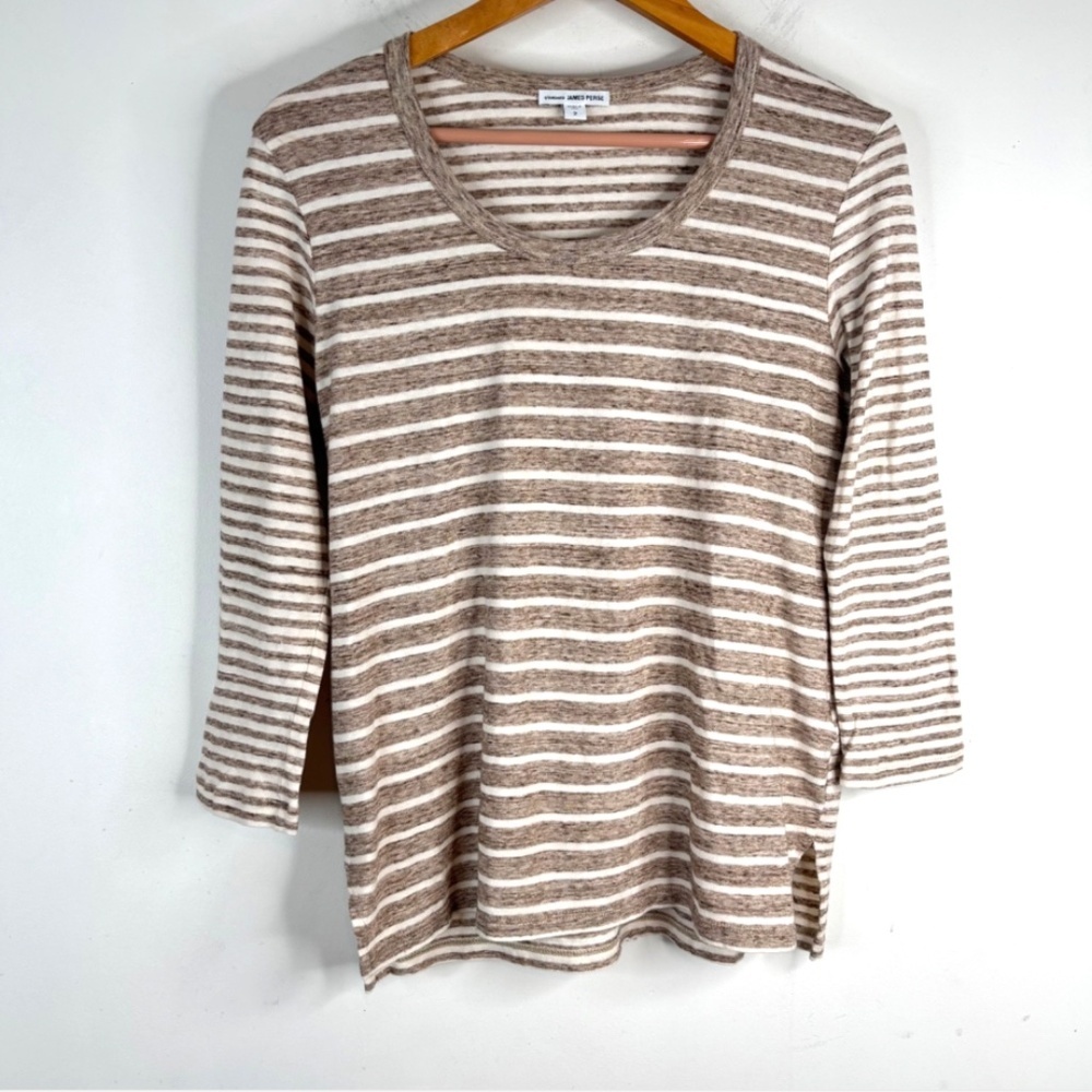 James Perse Striped Top M 3/4 Sleeve Beige Neutral Minimalist Cotton Made in USA